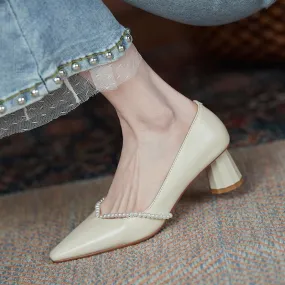 Amozae Pearls Women's Shoes Pointed Elegant Square Head Female Pumps Retro Summer High-heeled Shallow Mouth Ladies Work Shoes