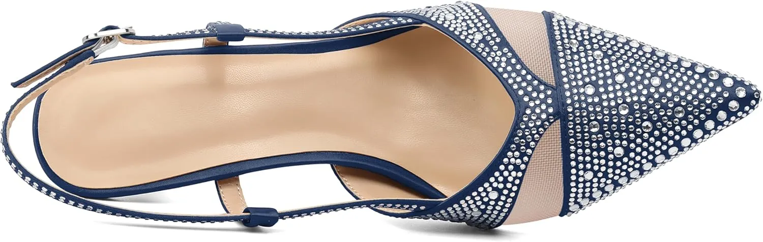 AUMOTED Women Low Heel Pumps Slingback Heels Elegant Pointed Toe 2.5 Inch Heels with Rhinestone Dressy Pumps