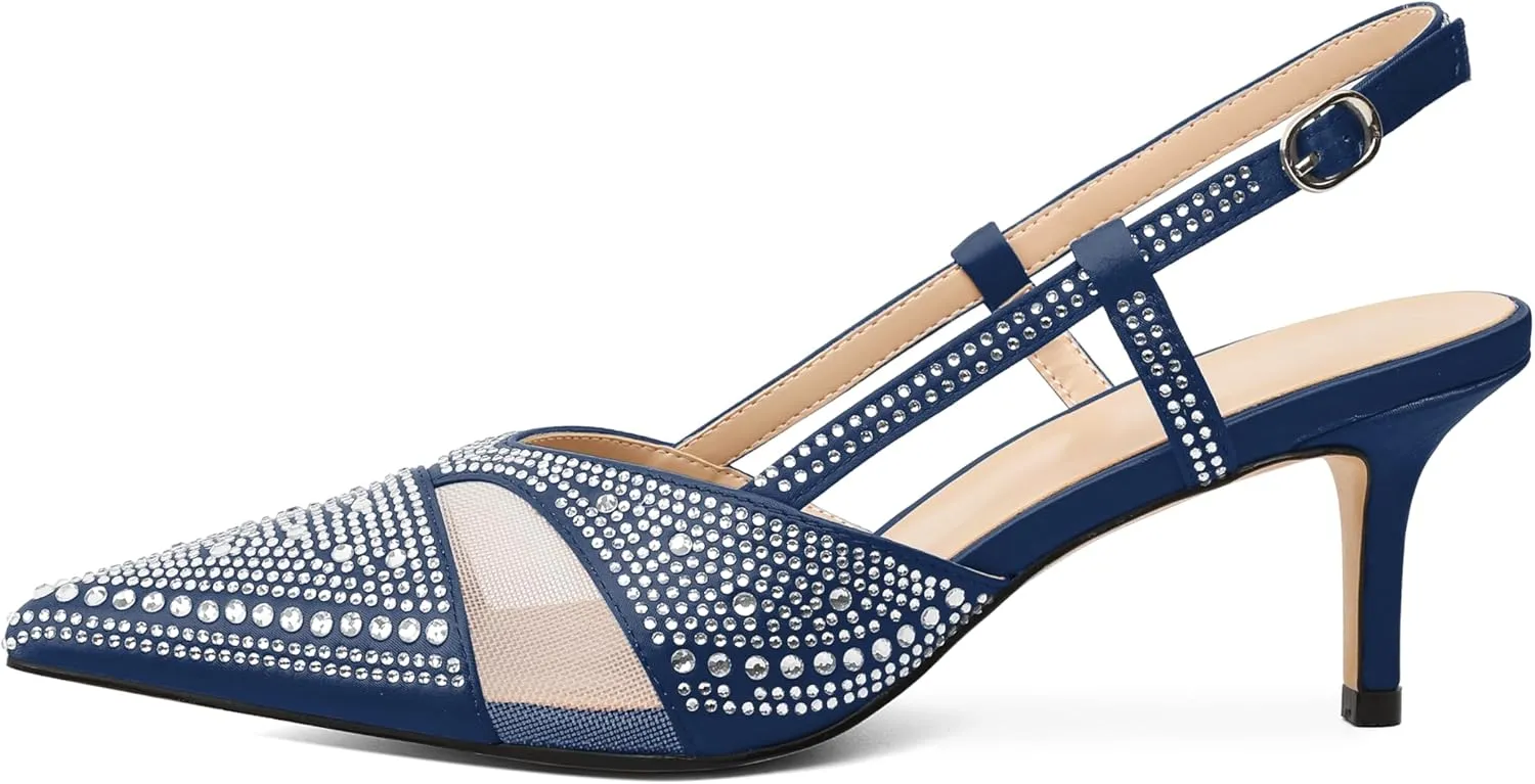 AUMOTED Women Low Heel Pumps Slingback Heels Elegant Pointed Toe 2.5 Inch Heels with Rhinestone Dressy Pumps
