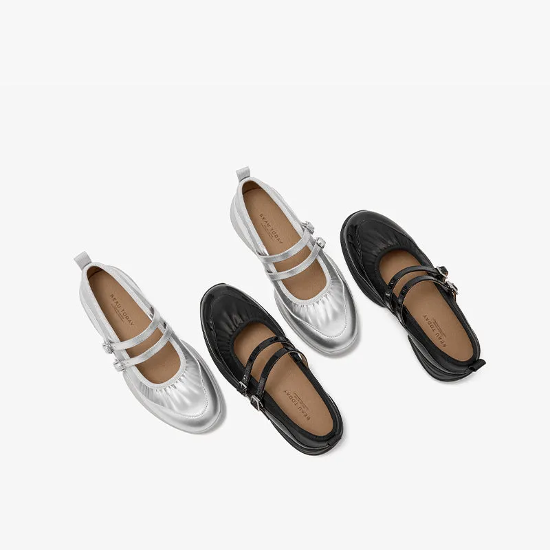 BeauToday Elegant Cow Leather Marry Janes Flats with Pleated Design for Women