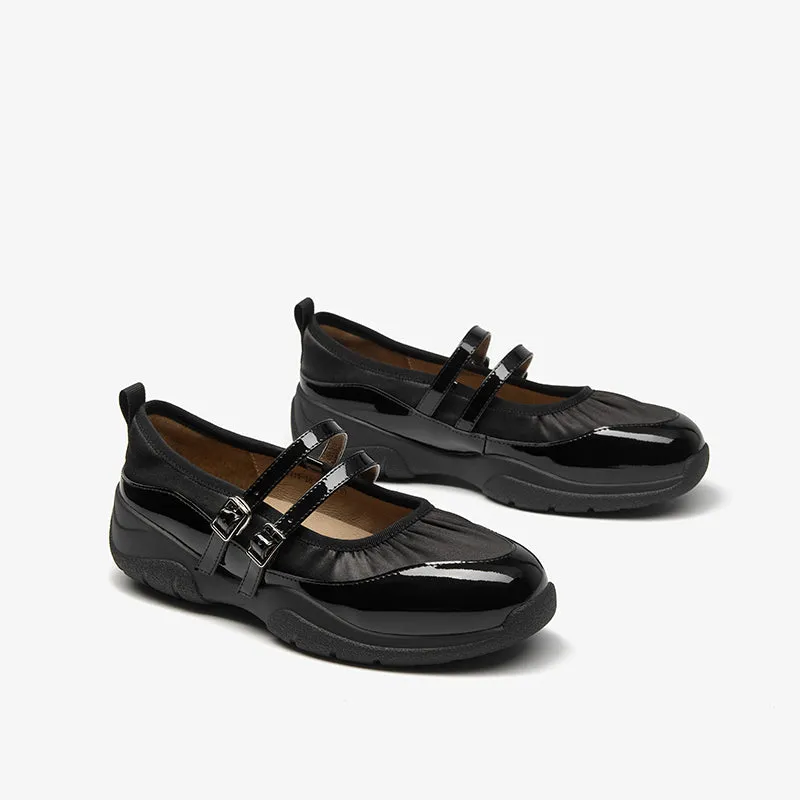 BeauToday Elegant Cow Leather Marry Janes Flats with Pleated Design for Women
