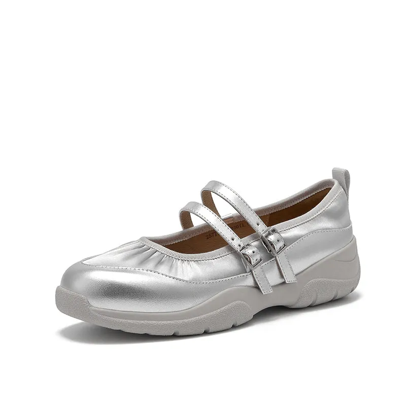 BeauToday Elegant Cow Leather Marry Janes Flats with Pleated Design for Women