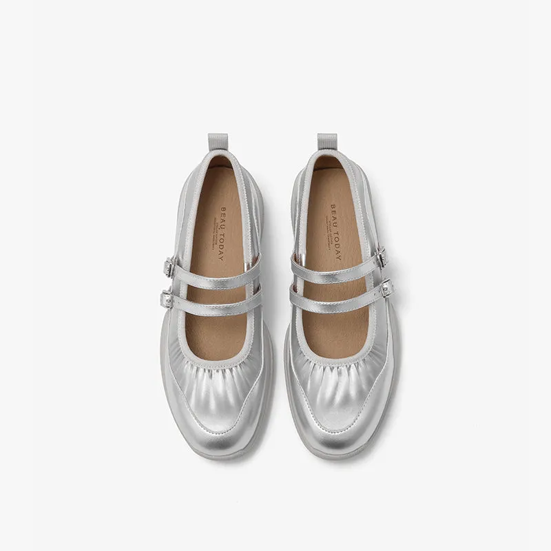 BeauToday Elegant Cow Leather Marry Janes Flats with Pleated Design for Women