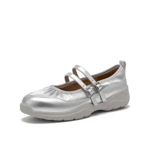 BeauToday Elegant Cow Leather Marry Janes Flats with Pleated Design for Women