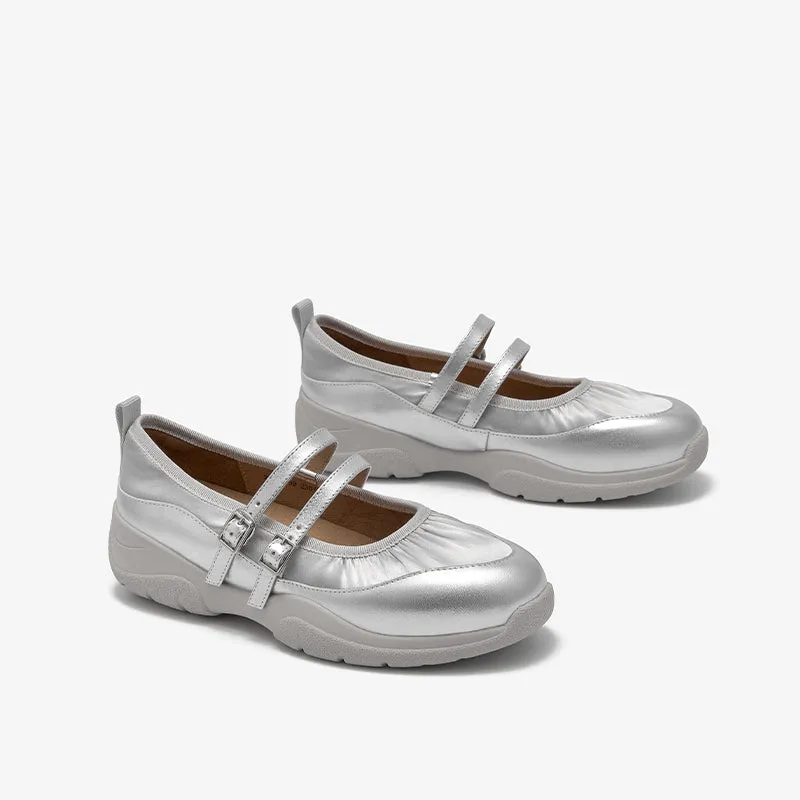 BeauToday Elegant Cow Leather Marry Janes Flats with Pleated Design for Women
