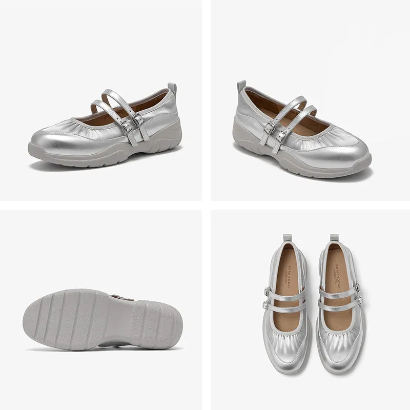 BeauToday Elegant Cow Leather Marry Janes Flats with Pleated Design for Women