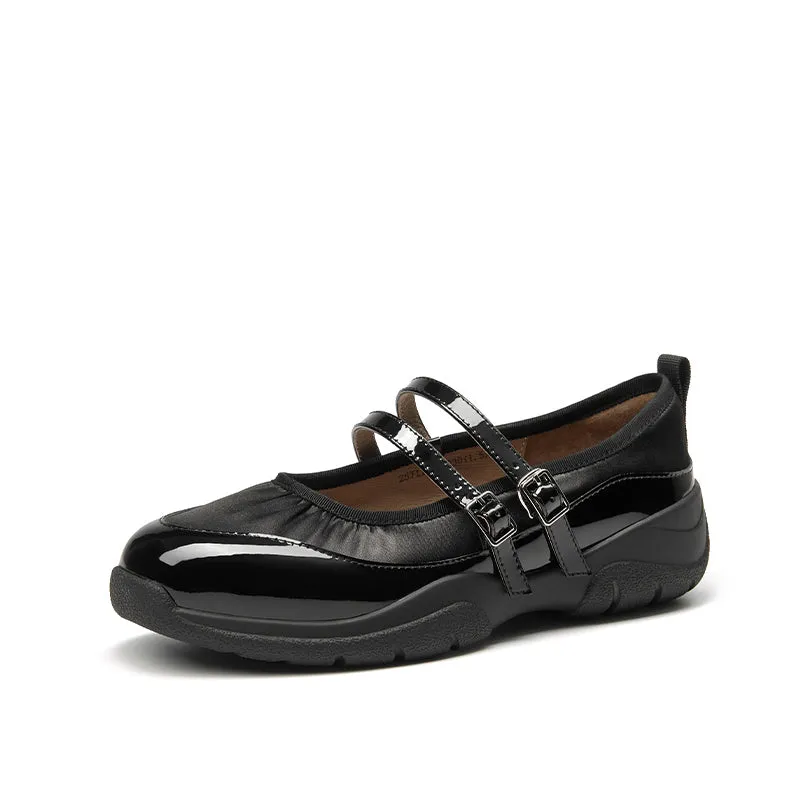 BeauToday Elegant Cow Leather Marry Janes Flats with Pleated Design for Women