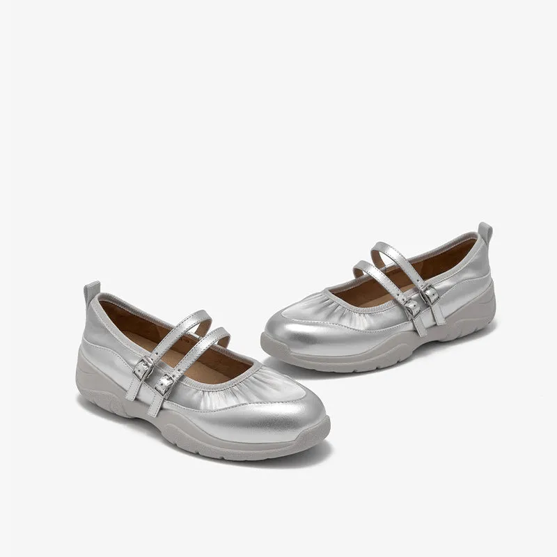 BeauToday Elegant Cow Leather Marry Janes Flats with Pleated Design for Women