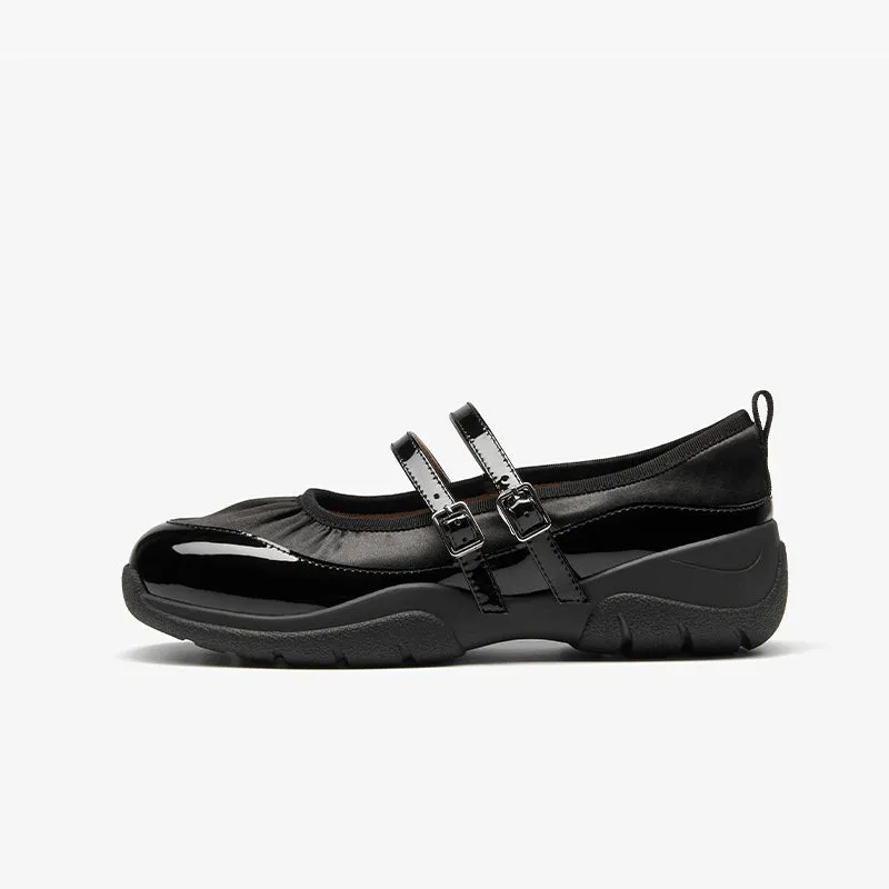 BeauToday Elegant Cow Leather Marry Janes Flats with Pleated Design for Women