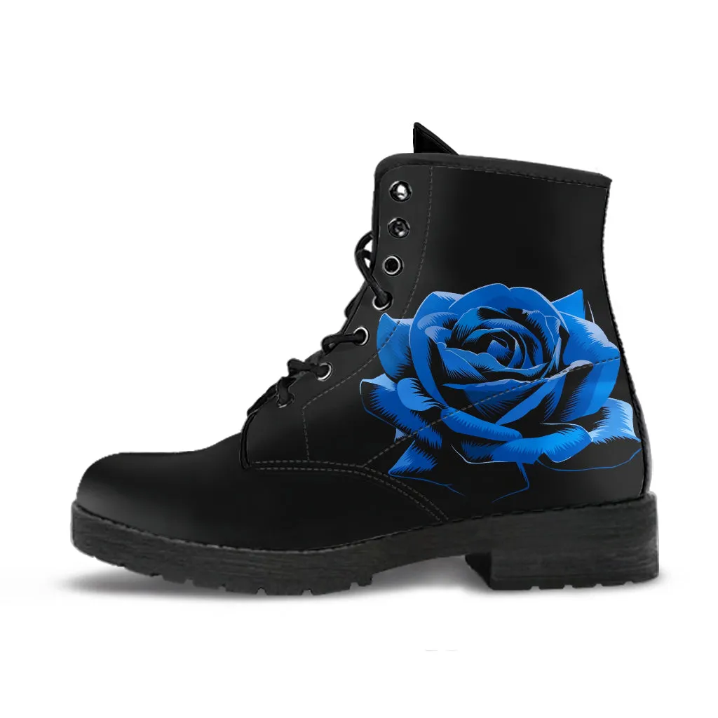 Black Combat Boots - Elegant Blue Roses | Women's Black Hipster Boots, Custom Shoes, Vegan Leather Lace Up Boots