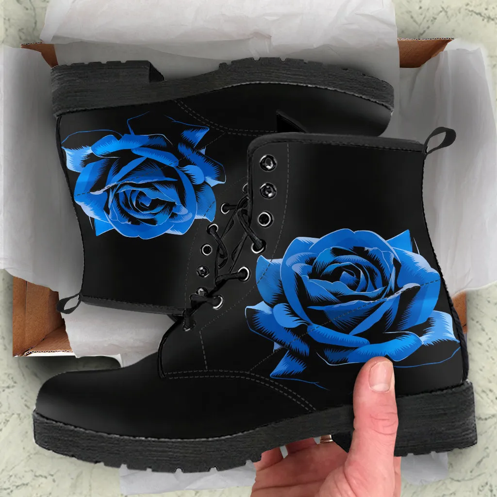 Black Combat Boots - Elegant Blue Roses | Women's Black Hipster Boots, Custom Shoes, Vegan Leather Lace Up Boots