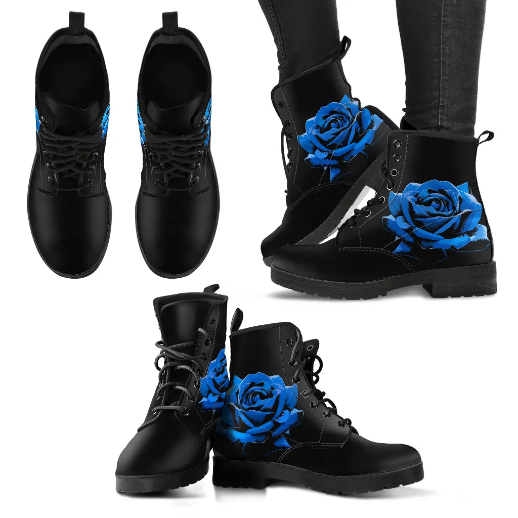 Black Combat Boots - Elegant Blue Roses | Women's Black Hipster Boots, Custom Shoes, Vegan Leather Lace Up Boots