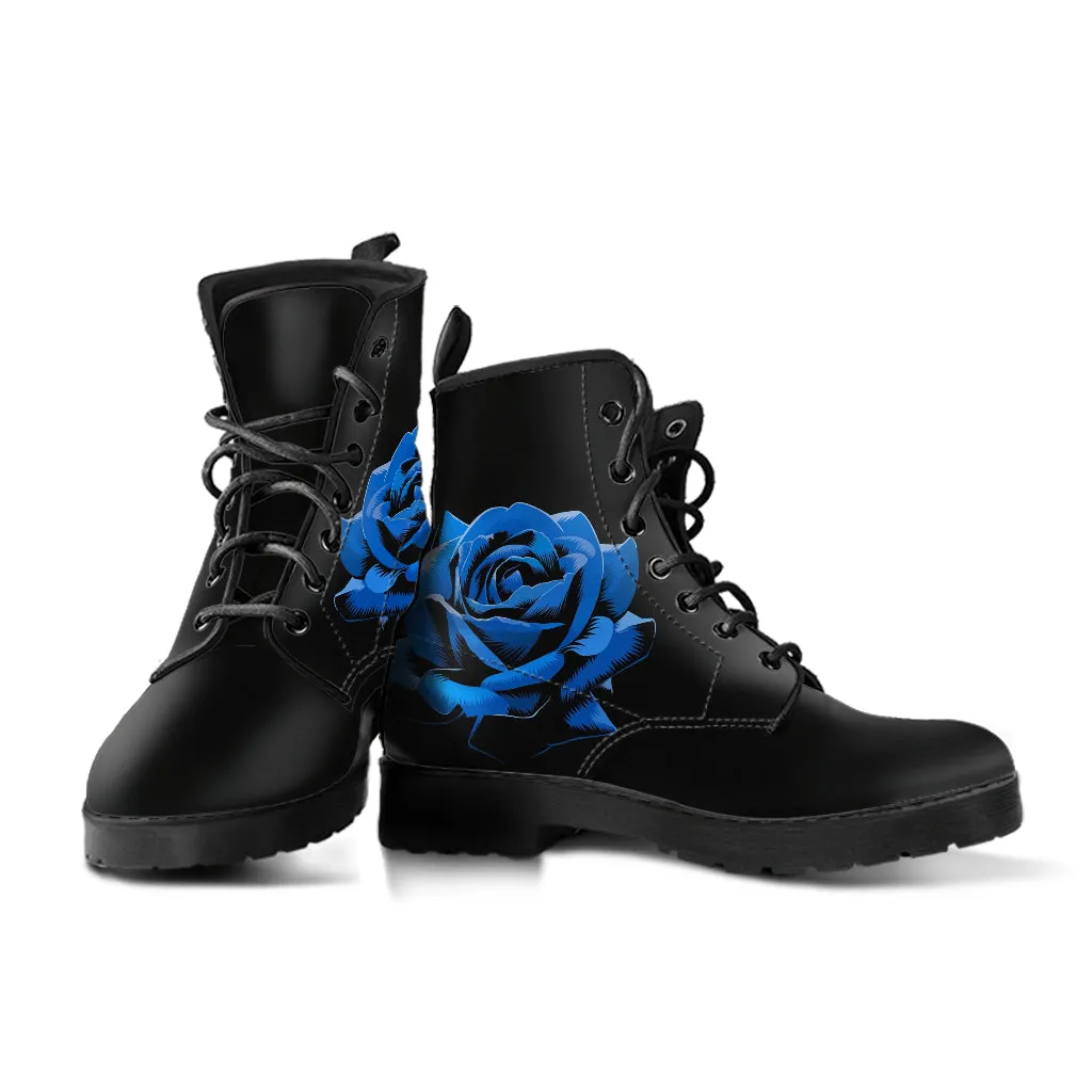 Black Combat Boots - Elegant Blue Roses | Women's Black Hipster Boots, Custom Shoes, Vegan Leather Lace Up Boots