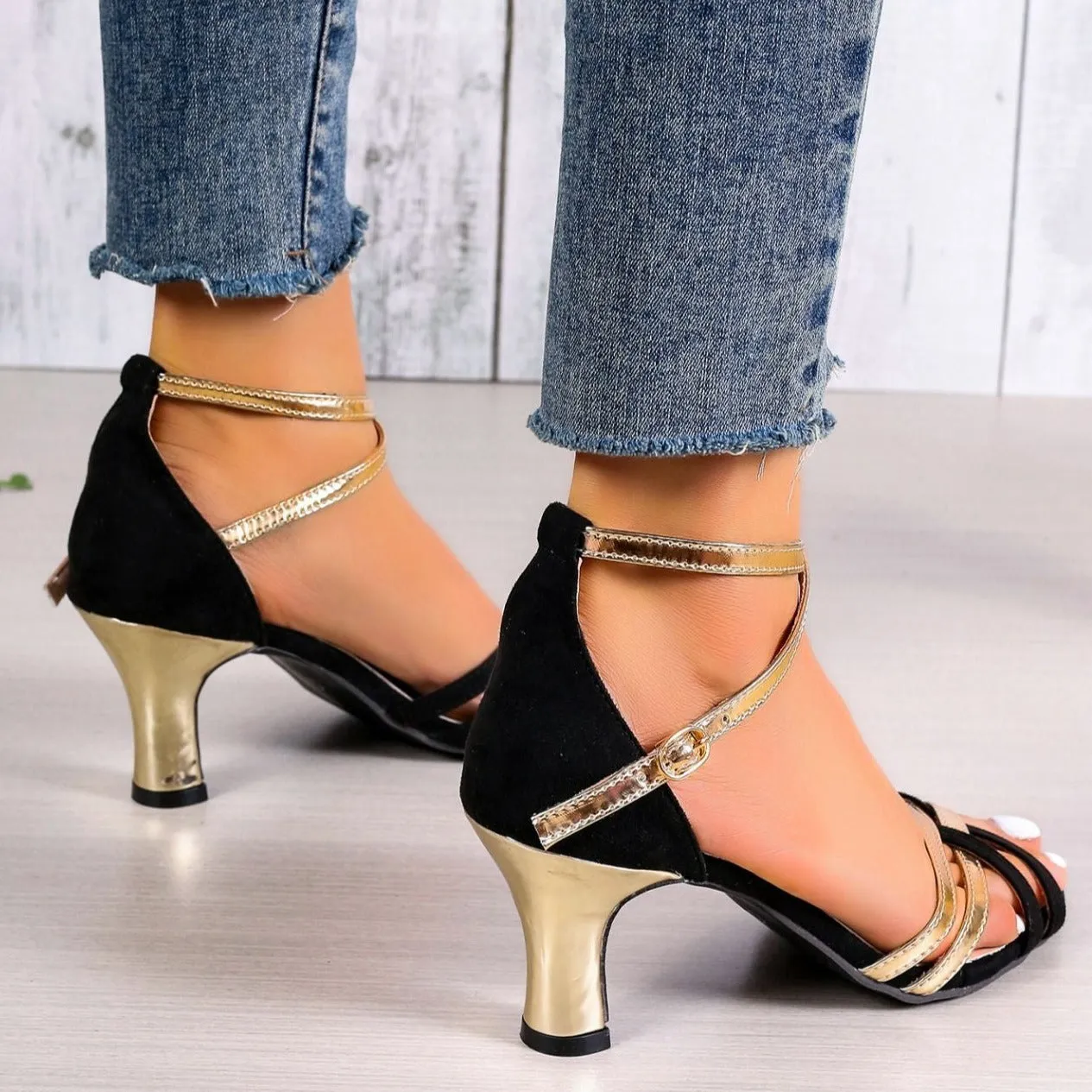 Black gold peep toe sandals with ankle criss straps
