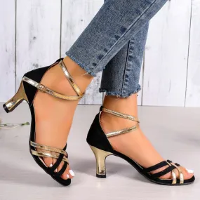 Black gold peep toe sandals with ankle criss straps