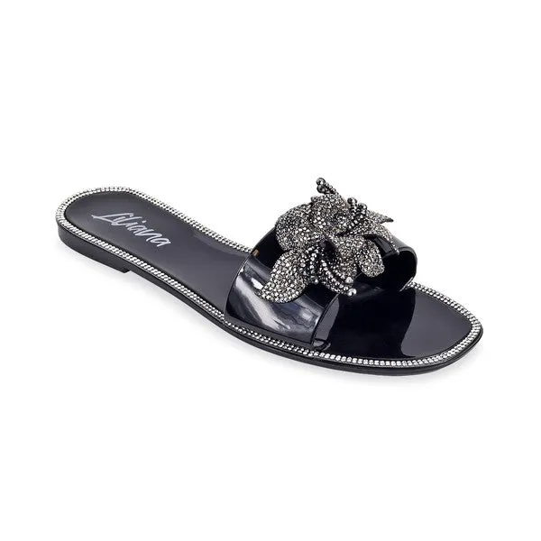 Black Rhinestone Flower W/ Jelly Slide Sandal