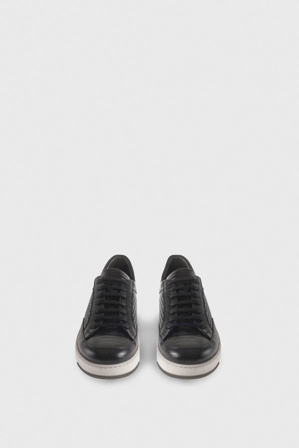 Breathable Genuine Leather Men's Sneakers, Iguana Emboss Black