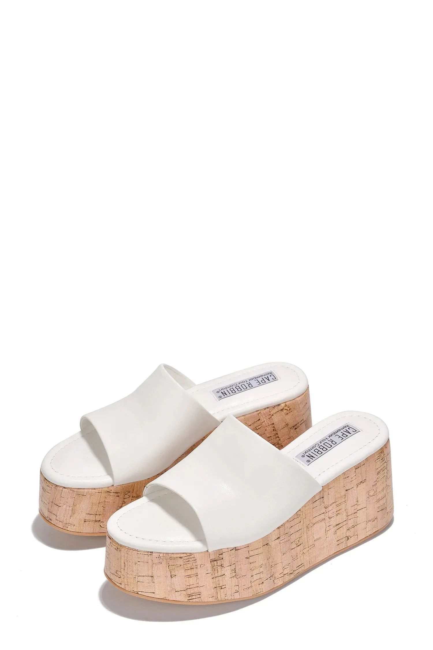 Cape Robbin Banka White Slip On Round Open Toe Chunky Wedge Heel Fashion Sandals