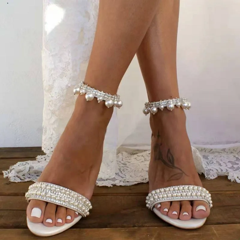 Chunky heel wedding sandals bridal peep toe white rhinestone sandals