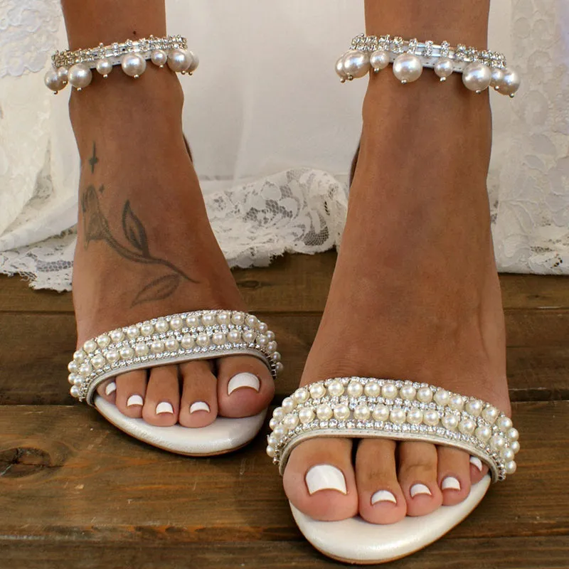 Chunky heel wedding sandals bridal peep toe white rhinestone sandals
