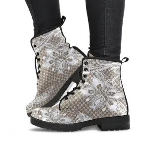 Combat Boots - White Lace Print #301B | Women's Boots, Custom Shoes, Aesthetic Shoes, Sorority Shoes, Vegan Leather, Vegan Shoes, 90s Boots