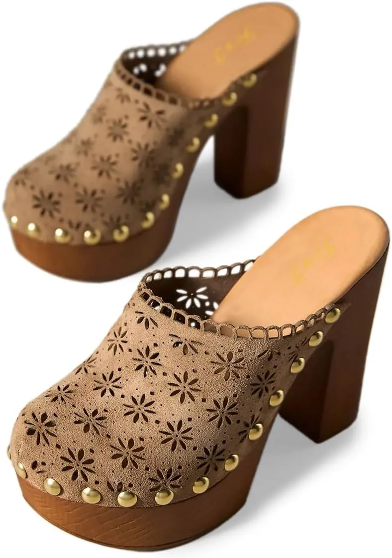 FOWT Women Studded Closed Round Toe Floral Cut Out Backless Platform Mules Chunky Super High Heel Slip on Stylish Dress Club Slide Sandals Size 4-16 US