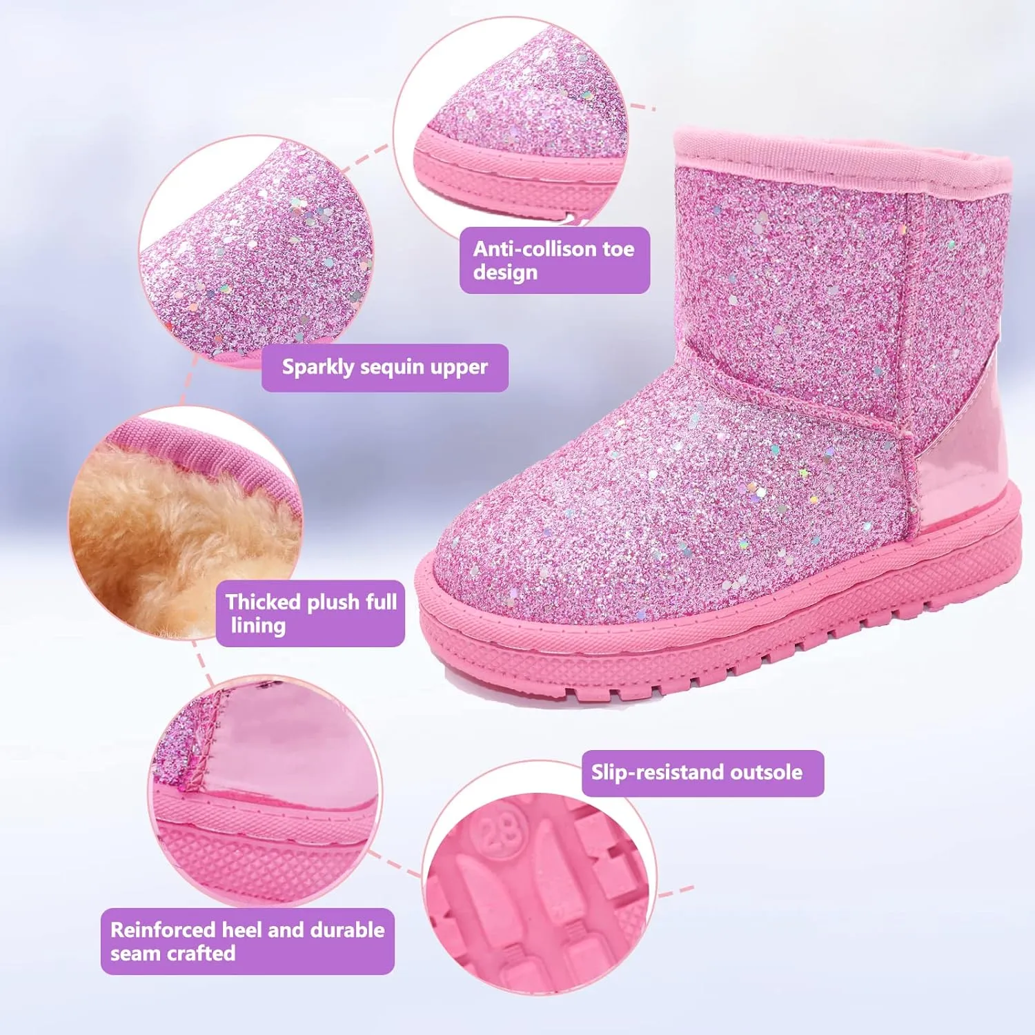 Girls Glitter Snow Boots Toddler/Little Girls Warm Winter Sequin Comfy Cute Durable Outdoor Sparkle Princess Ankle Boots