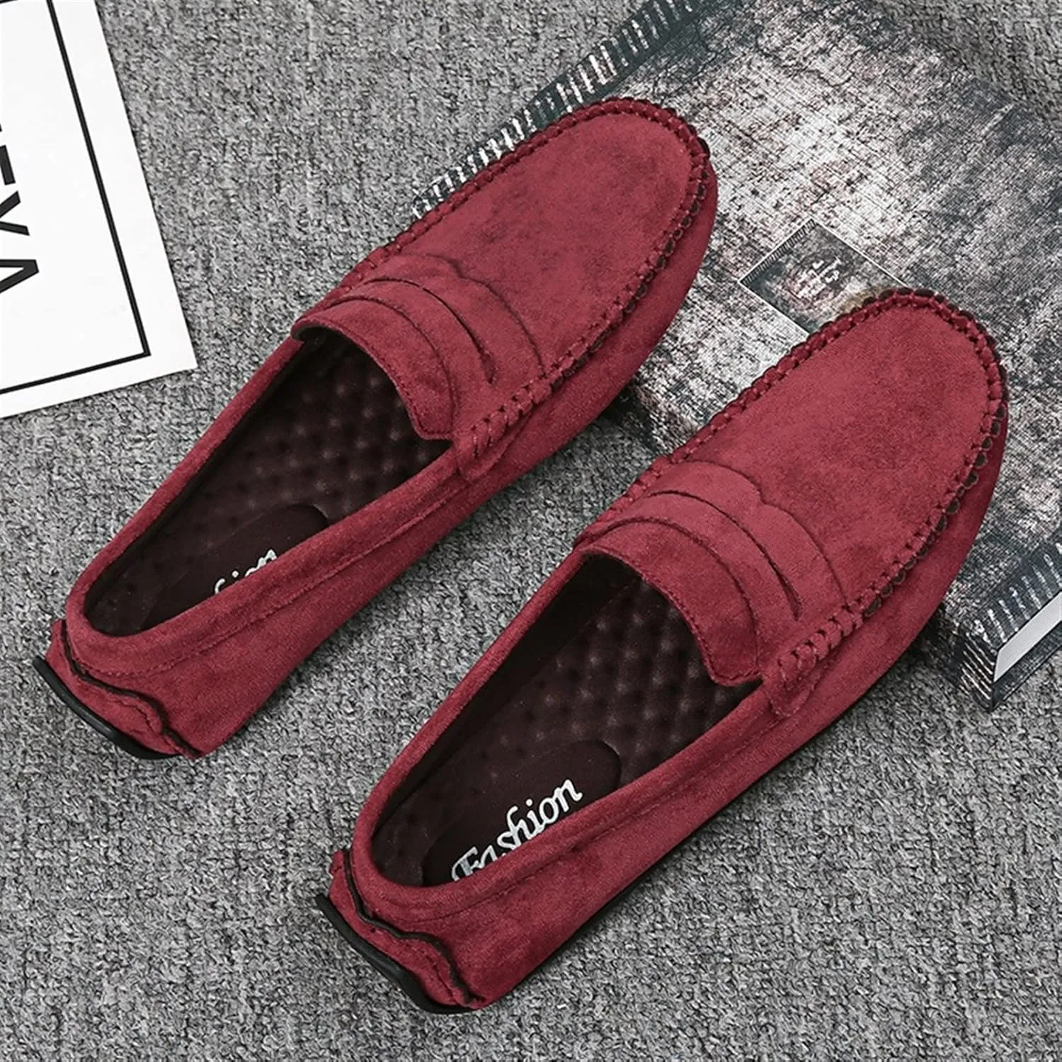 JIADELI Mens Loafers Suede Vamp Penny Loafer Stitching Details Round Toe Anti-Slip Resistant Flat Heel Outdoor Slip On