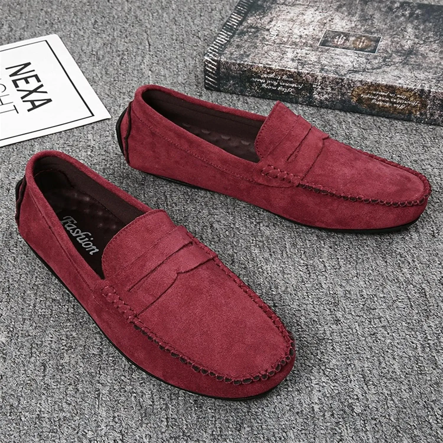 JIADELI Mens Loafers Suede Vamp Penny Loafer Stitching Details Round Toe Anti-Slip Resistant Flat Heel Outdoor Slip On