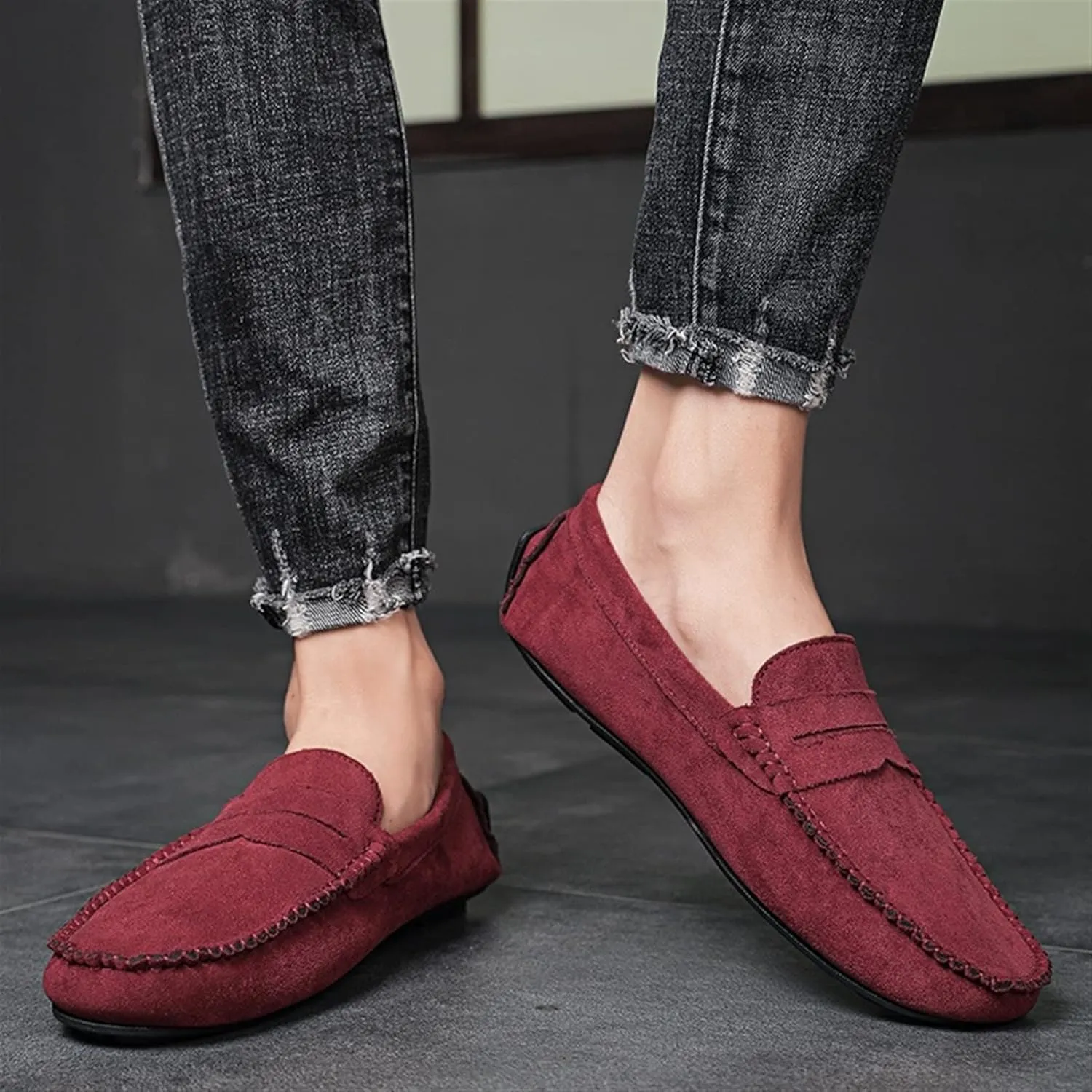 JIADELI Mens Loafers Suede Vamp Penny Loafer Stitching Details Round Toe Anti-Slip Resistant Flat Heel Outdoor Slip On