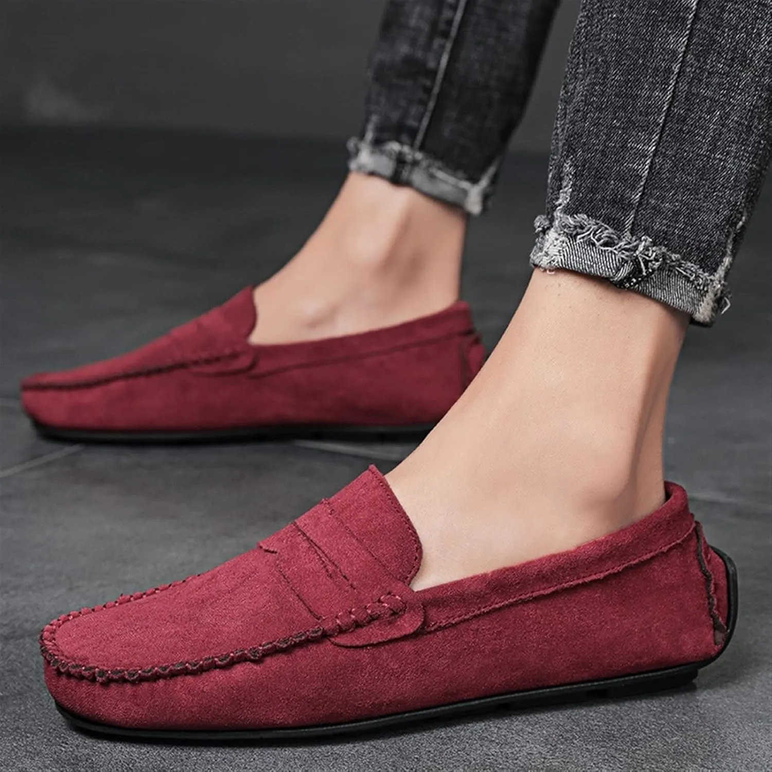 JIADELI Mens Loafers Suede Vamp Penny Loafer Stitching Details Round Toe Anti-Slip Resistant Flat Heel Outdoor Slip On