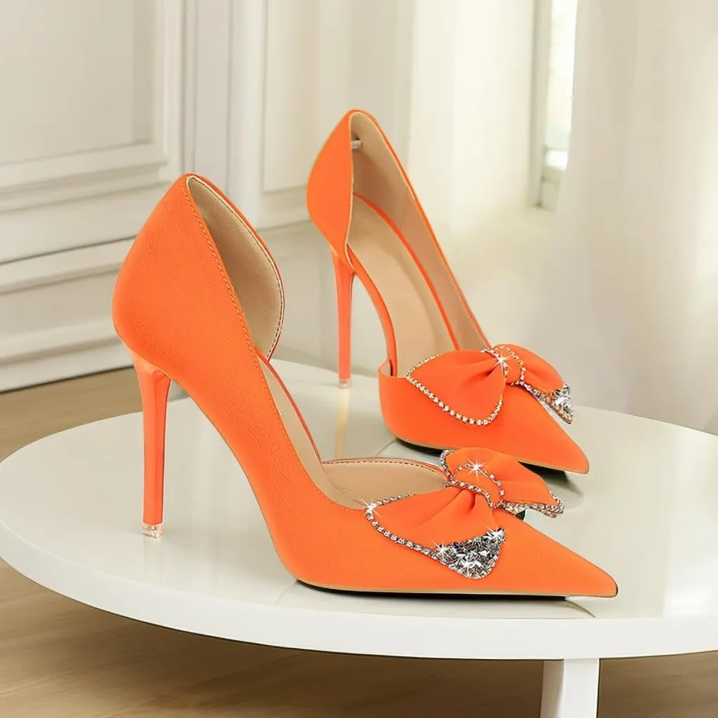 JOEupin Women's Pointed Toe High Heels Sparkly Rhinestone Bow Stiletto Pumps Elegant D'Orsay Wedding Bridal Party Dress Shoes