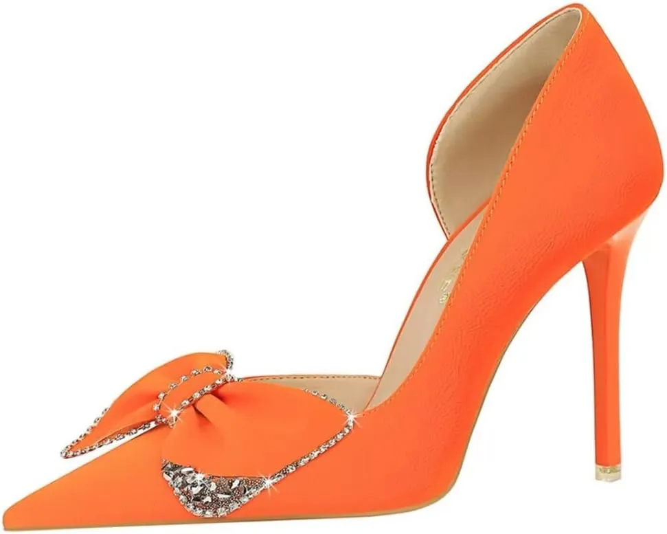 JOEupin Women's Pointed Toe High Heels Sparkly Rhinestone Bow Stiletto Pumps Elegant D'Orsay Wedding Bridal Party Dress Shoes