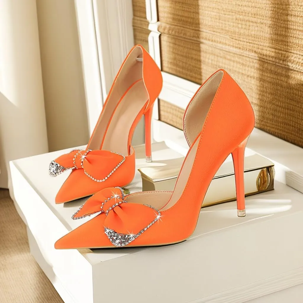 JOEupin Women's Pointed Toe High Heels Sparkly Rhinestone Bow Stiletto Pumps Elegant D'Orsay Wedding Bridal Party Dress Shoes