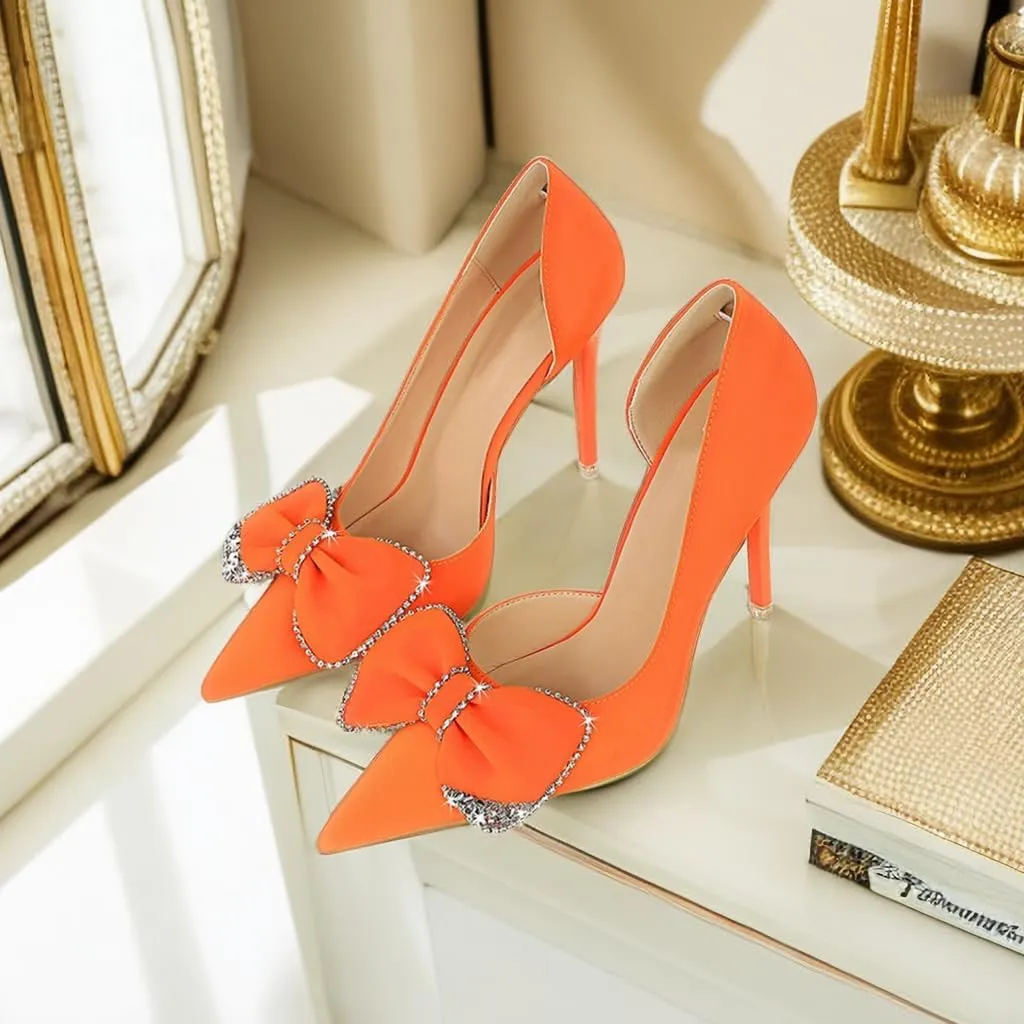 JOEupin Women's Pointed Toe High Heels Sparkly Rhinestone Bow Stiletto Pumps Elegant D'Orsay Wedding Bridal Party Dress Shoes