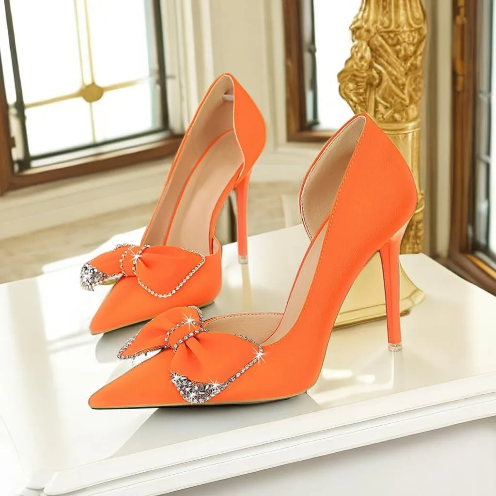 JOEupin Women's Pointed Toe High Heels Sparkly Rhinestone Bow Stiletto Pumps Elegant D'Orsay Wedding Bridal Party Dress Shoes