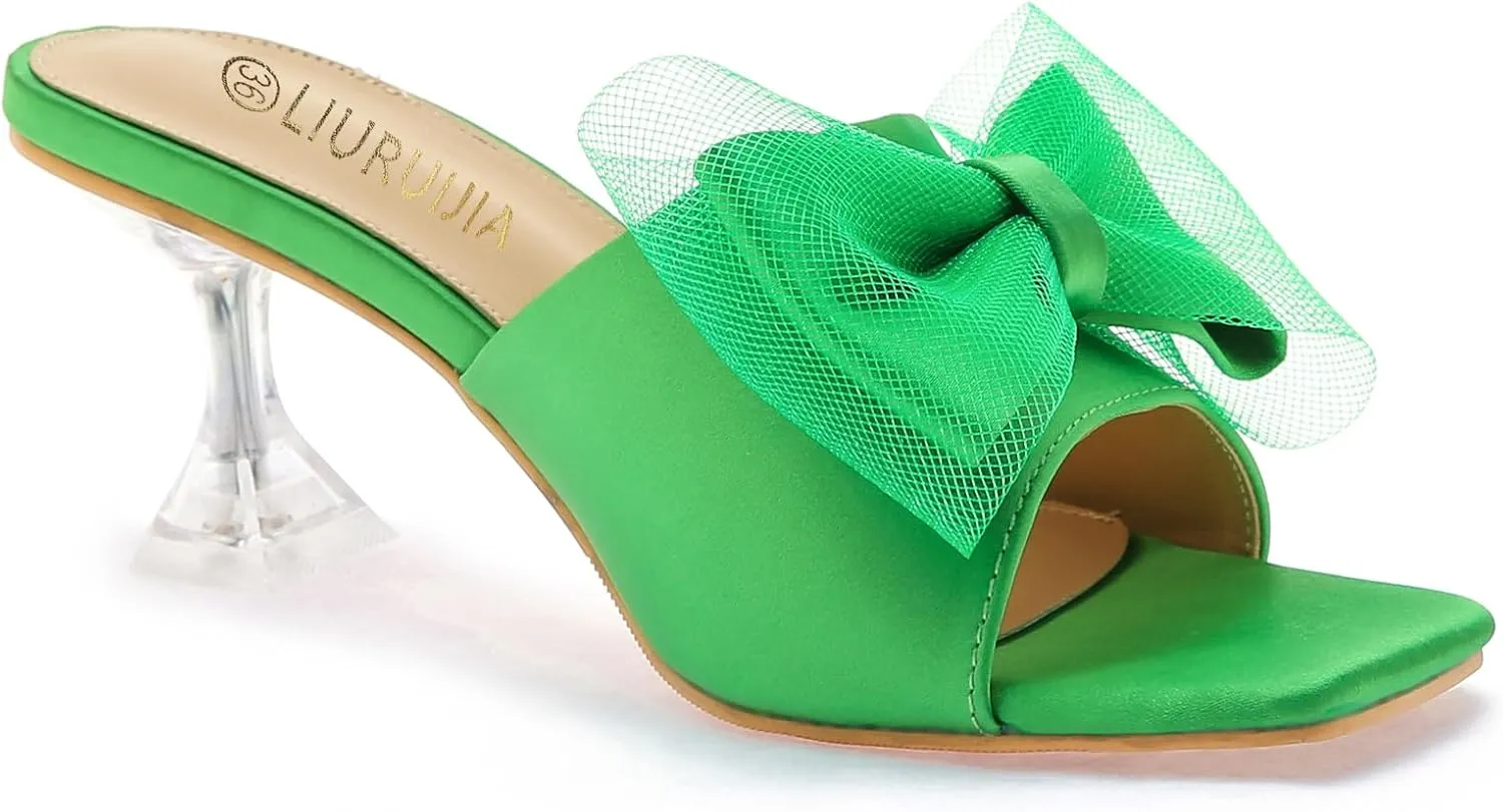LIURUIJIA Women'S Bowknot High Heels Mule Sandals Open Toe Bow Low Heel Slippers Comfortable Wedding Party Sexy Prom Dress Bridal Shoes Slide Mules Platform Slippers Dressy Casual Trendy Bridal