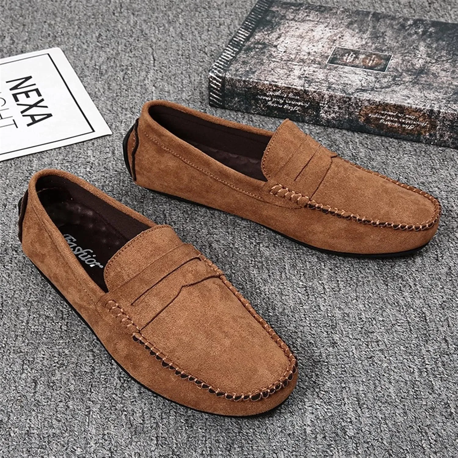 Loafers for Men Suede Vamp Penny Loafer Stitching Details Round Toe Slip Resistant Comfortable Anti-Slip Prom Slip-on