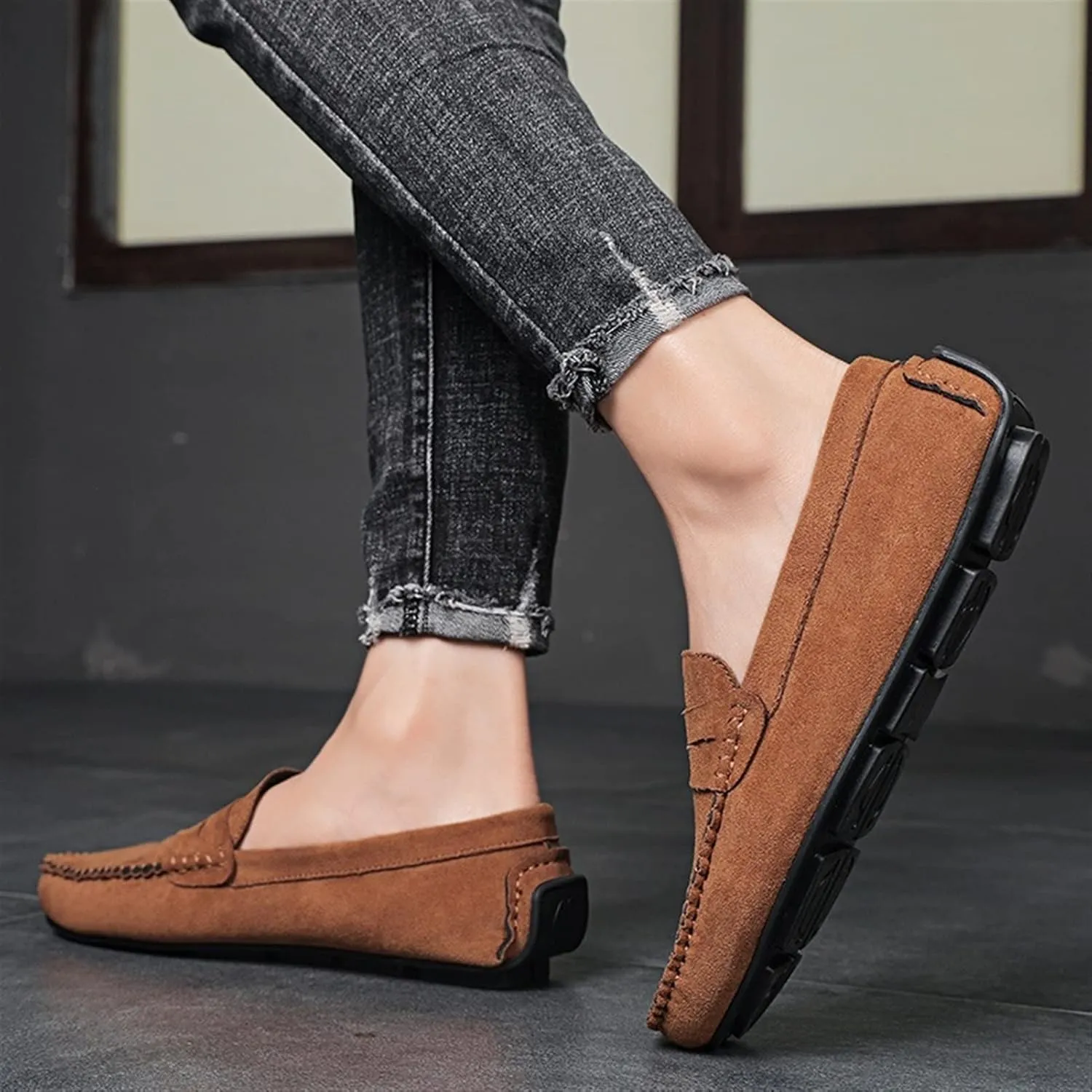 Loafers for Men Suede Vamp Penny Loafer Stitching Details Round Toe Slip Resistant Comfortable Anti-Slip Prom Slip-on