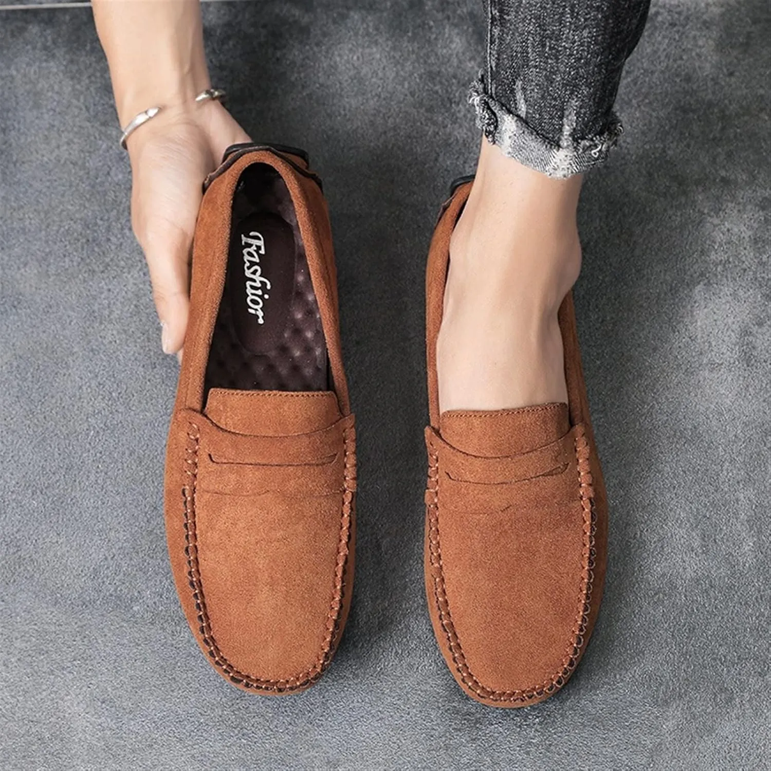 Loafers for Men Suede Vamp Penny Loafer Stitching Details Round Toe Slip Resistant Comfortable Anti-Slip Prom Slip-on