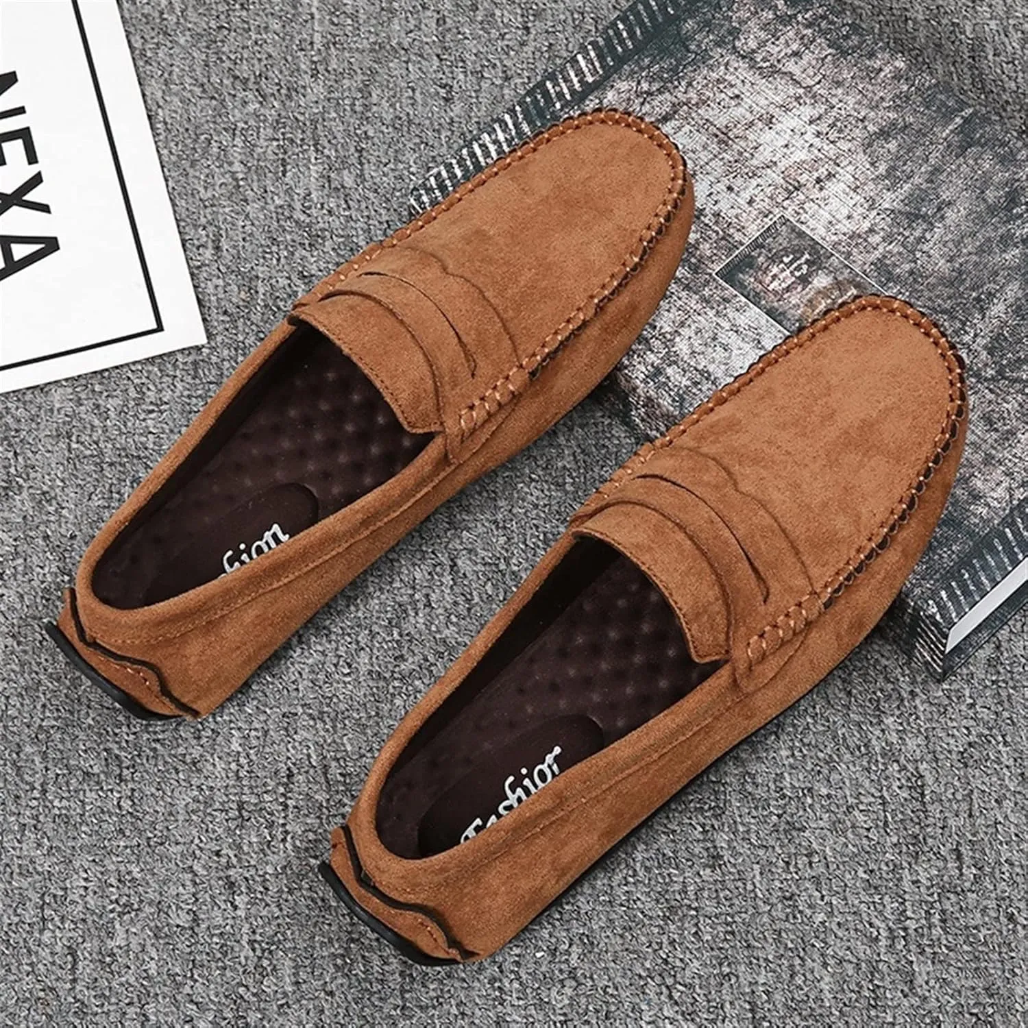 Loafers for Men Suede Vamp Penny Loafer Stitching Details Round Toe Slip Resistant Comfortable Anti-Slip Prom Slip-on