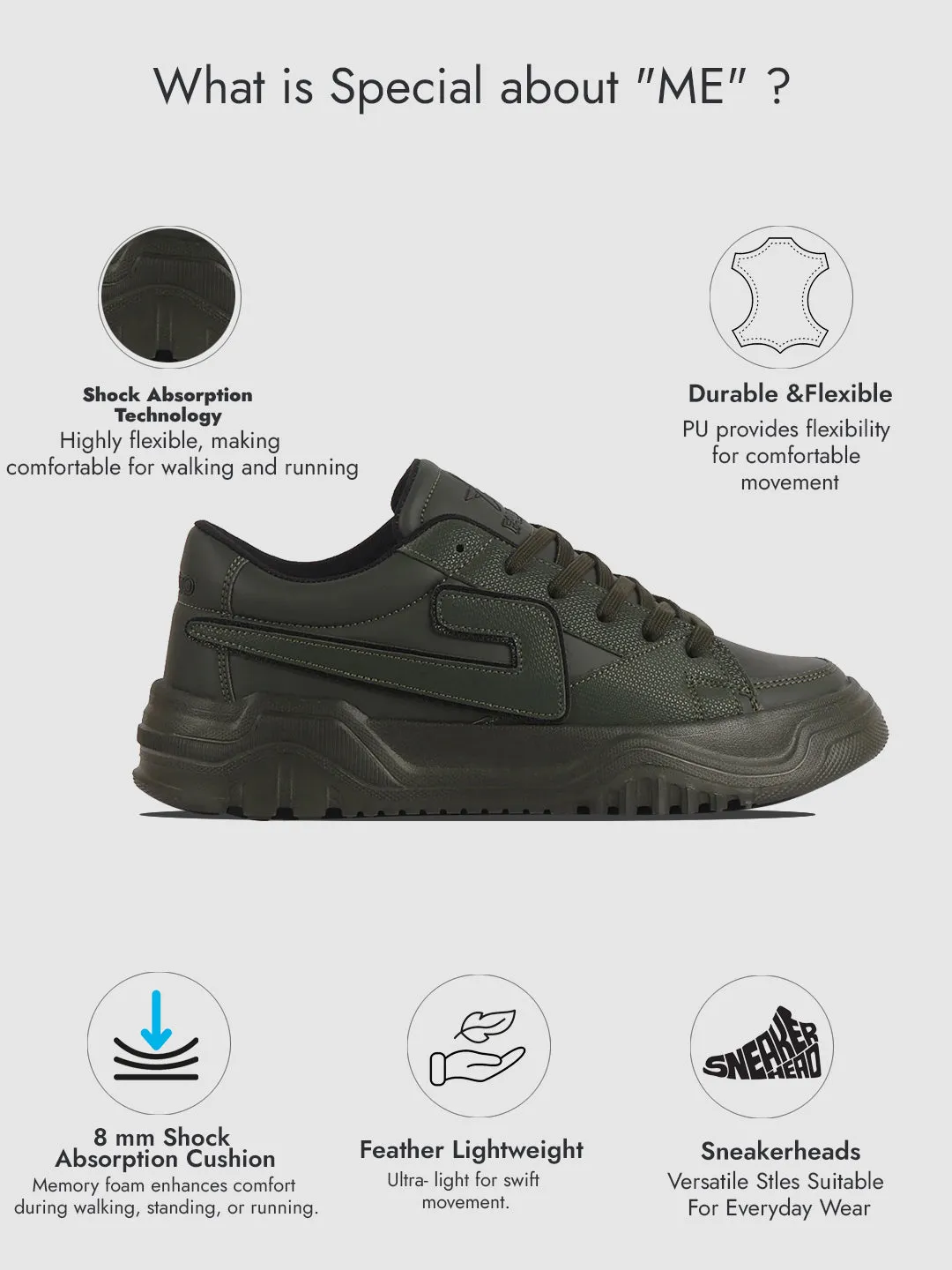 Men Olive Low Top Chunky Lace-Up Sneaker Shoes|Low Ankle Casual Shoes|All Day Comfortable Sneakers