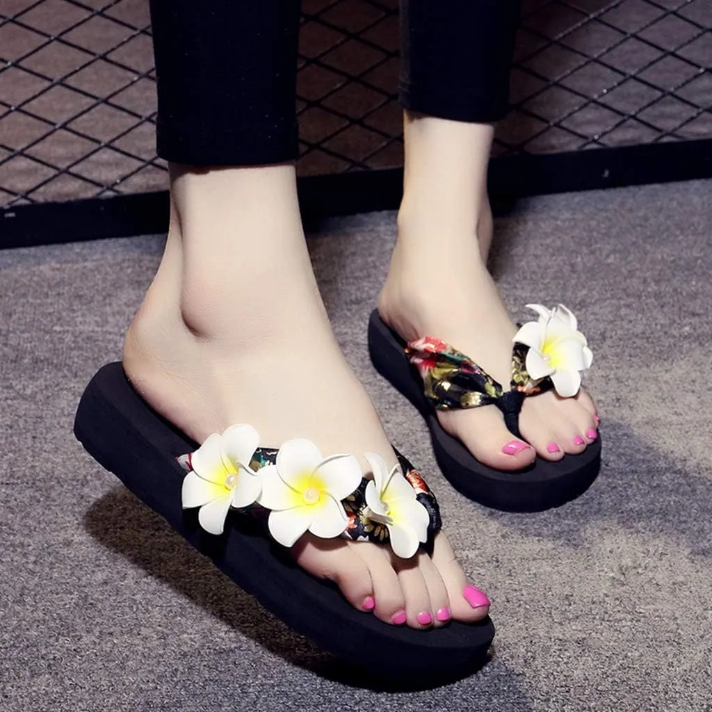 MIOKE Womens Bohemia Flower Flat Platform Flipflops Trendy Summer Comfy Satin Nonslip Beach Thong Sandals