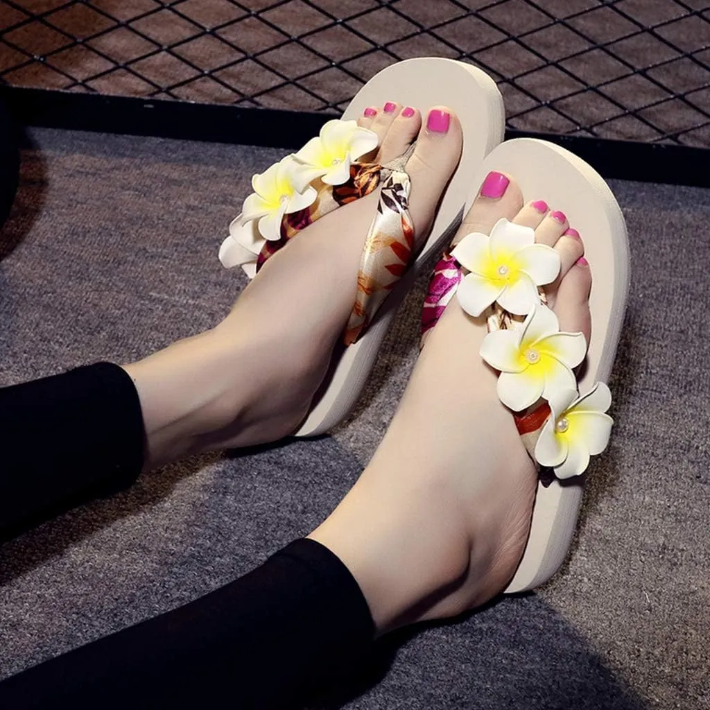 MIOKE Womens Bohemia Flower Flat Platform Flipflops Trendy Summer Comfy Satin Nonslip Beach Thong Sandals