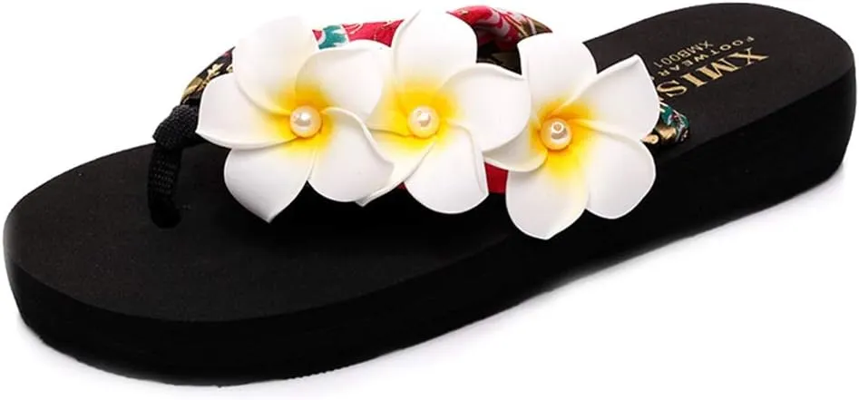 MIOKE Womens Bohemia Flower Flat Platform Flipflops Trendy Summer Comfy Satin Nonslip Beach Thong Sandals