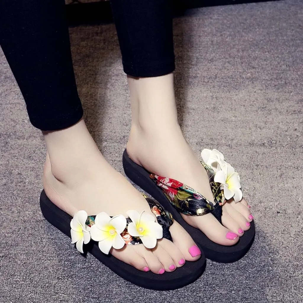 MIOKE Womens Bohemia Flower Flat Platform Flipflops Trendy Summer Comfy Satin Nonslip Beach Thong Sandals