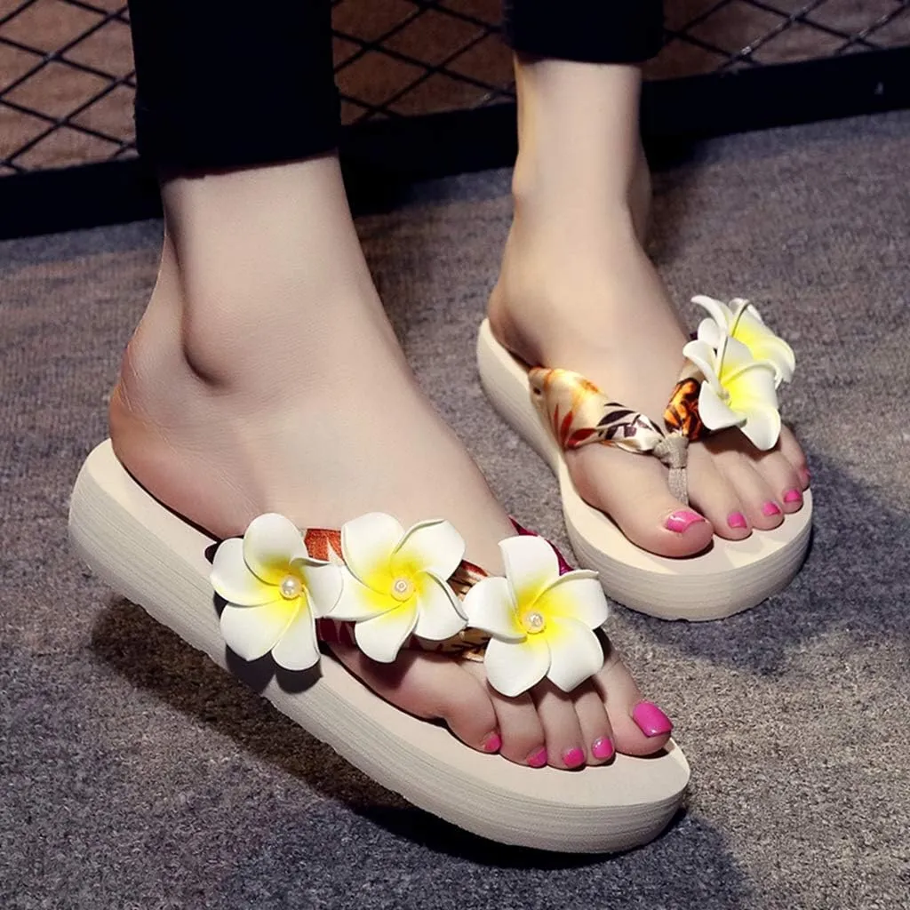 MIOKE Womens Bohemia Flower Flat Platform Flipflops Trendy Summer Comfy Satin Nonslip Beach Thong Sandals