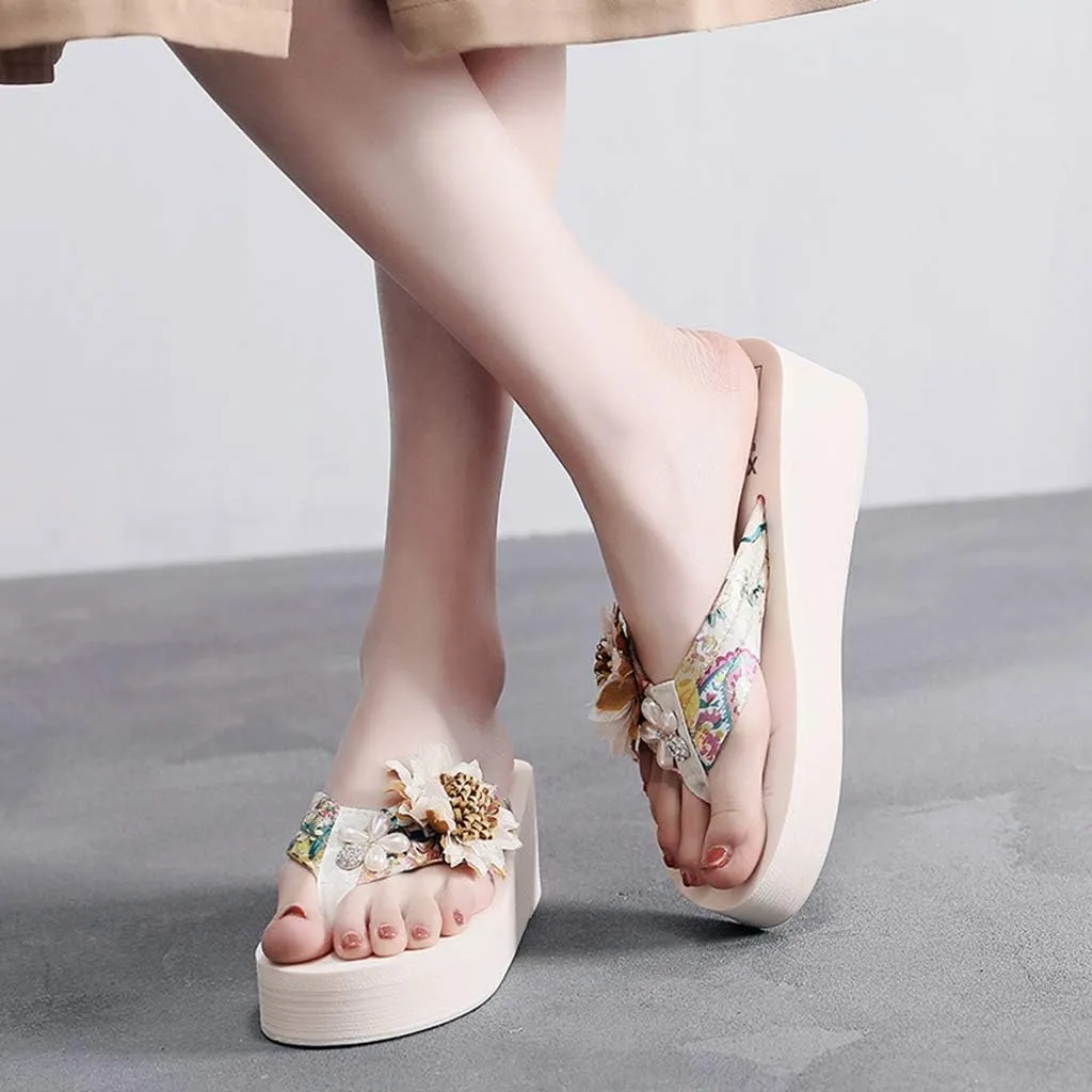 MIOKE Women's Flower Wedge High Heel Flipflops Summer Platform Comfort Anti-slip EVA Beach Thong Sandals