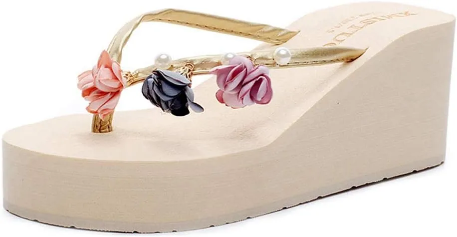 MIOKE Women's Flower Wedge High Heel Flipflops Summer Platform Comfort Anti-slip EVA Beach Thong Sandals