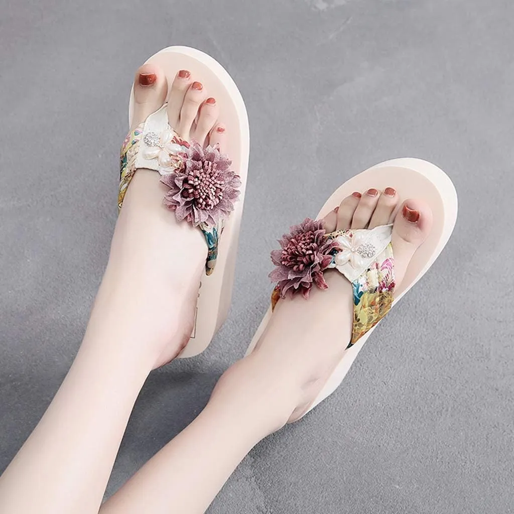 MIOKE Women's Flower Wedge High Heel Flipflops Summer Platform Comfort Anti-slip EVA Beach Thong Sandals